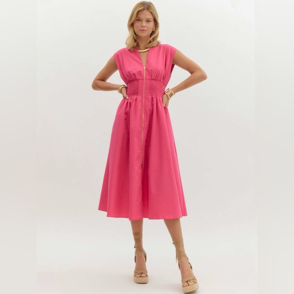 The Tommie Pink Rose Zip-Front Midi Dress